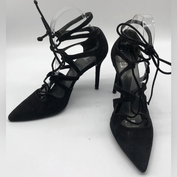 SOLD!! NIB STUART WEITZMAN Women’s Black Suede Ankle Tie Heels Pumps Shoes Sz 5 - Picture 6 of 9